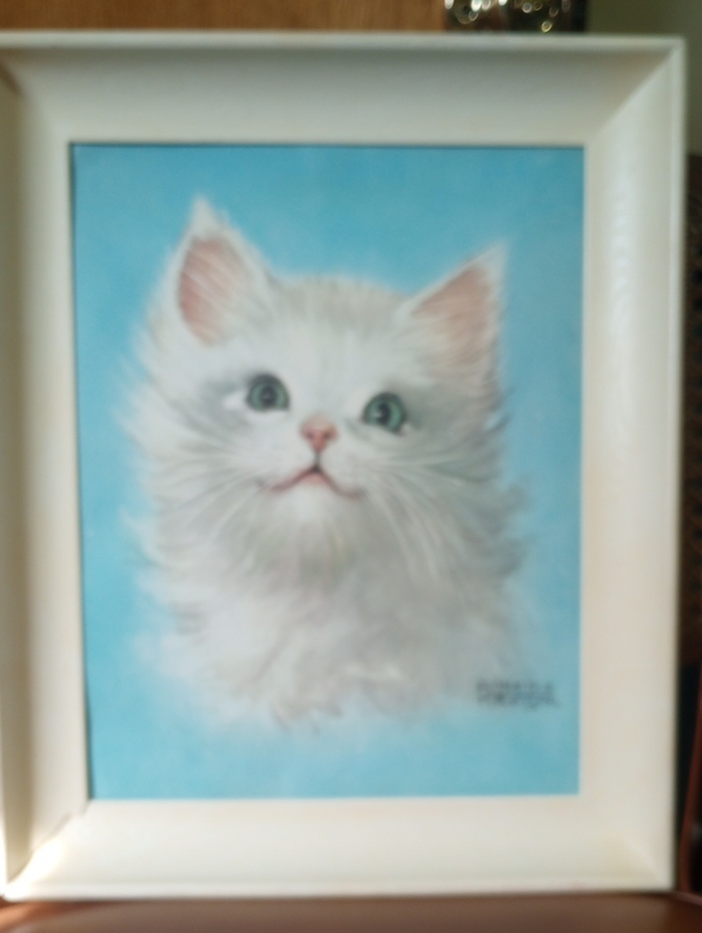 Vintage Retro MCM White Persian Cat/ Kitten Feline Painting by Florence Kroger